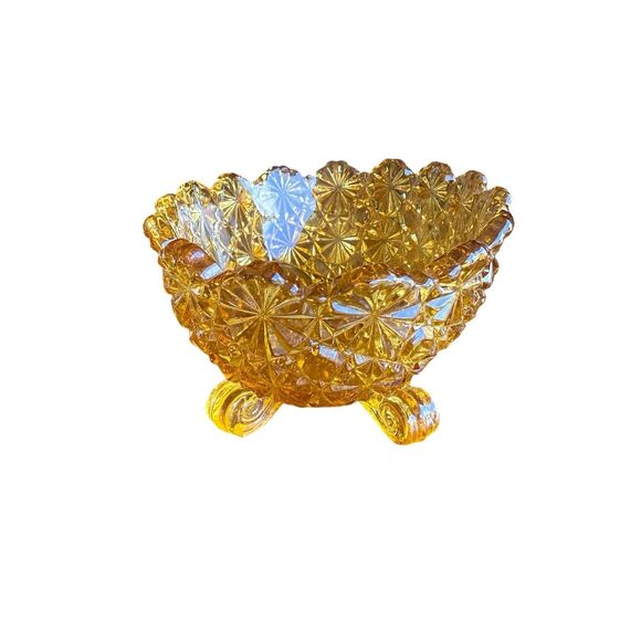 Vintage LG Wright Fenton Daisy & Buttons Amber Glass Footed Oval Dish Bowl 5” - Picture 8 of 9